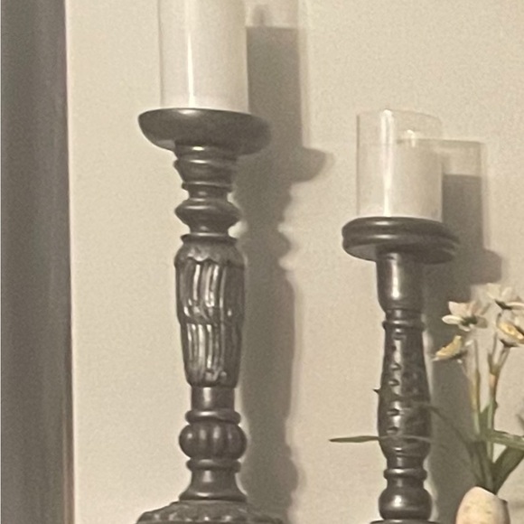 Set of 2 Pillar Candle Holders Hand Carved 15” & 12” Height Great Condition - Picture 9 of 13